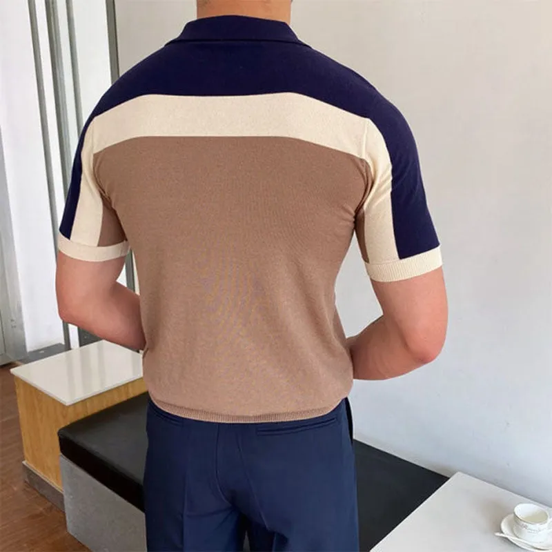 Patchwork Knitwear Short Sleeve Contrast Color Men's Slim Fit Polo Shirt