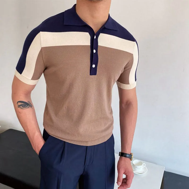 Patchwork Knitwear Short Sleeve Contrast Color Men's Slim Fit Polo Shirt