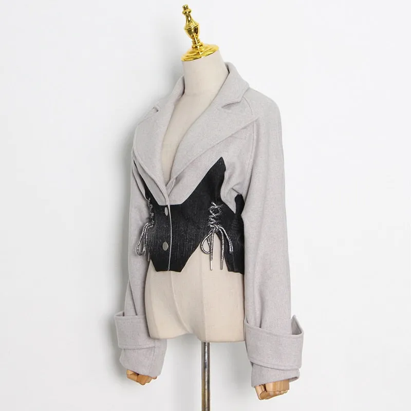 Patchwork Lace Up Bowknot Jacket For Women Lapel  Short Tops