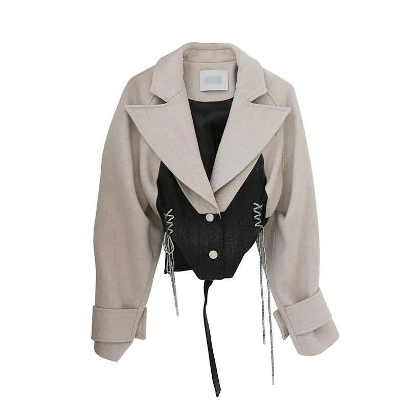 Patchwork Lace Up Bowknot Jacket For Women Lapel  Short Tops