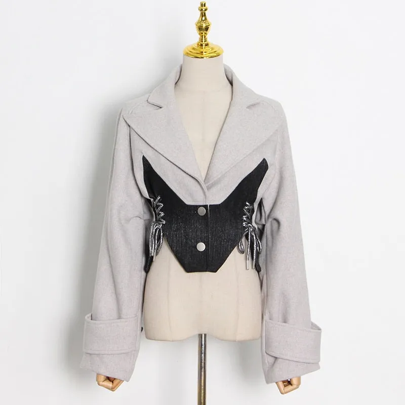 Patchwork Lace Up Bowknot Jacket For Women Lapel  Short Tops