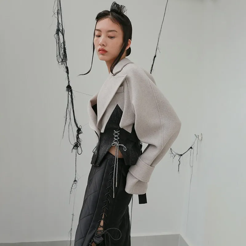 Patchwork Lace Up Bowknot Jacket For Women Lapel  Short Tops