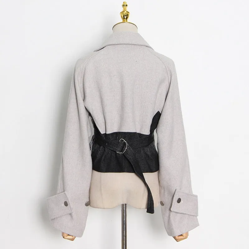 Patchwork Lace Up Bowknot Jacket For Women Lapel  Short Tops