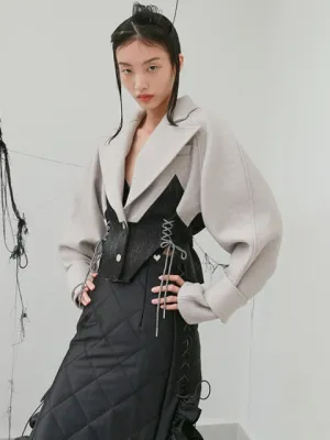 Patchwork Lace Up Bowknot Jacket For Women Lapel  Short Tops