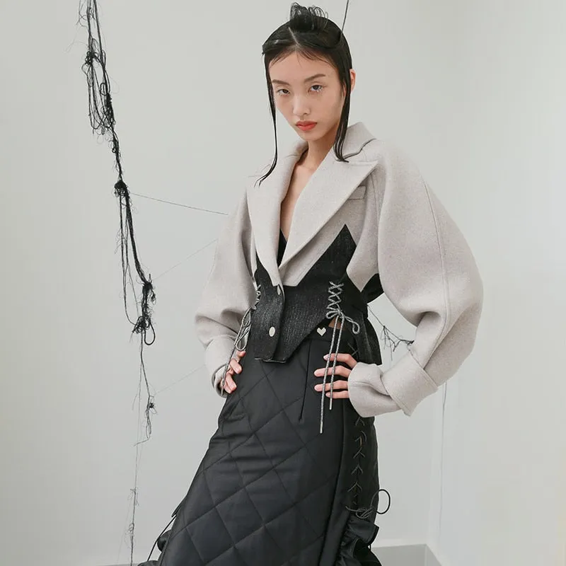 Patchwork Lace Up Bowknot Jacket For Women Lapel  Short Tops