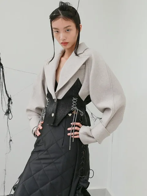 Patchwork Lace Up Bowknot Jacket For Women Lapel  Short Tops