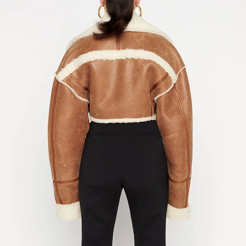 Patchwork PU Leather Colorblock Jacket For Women