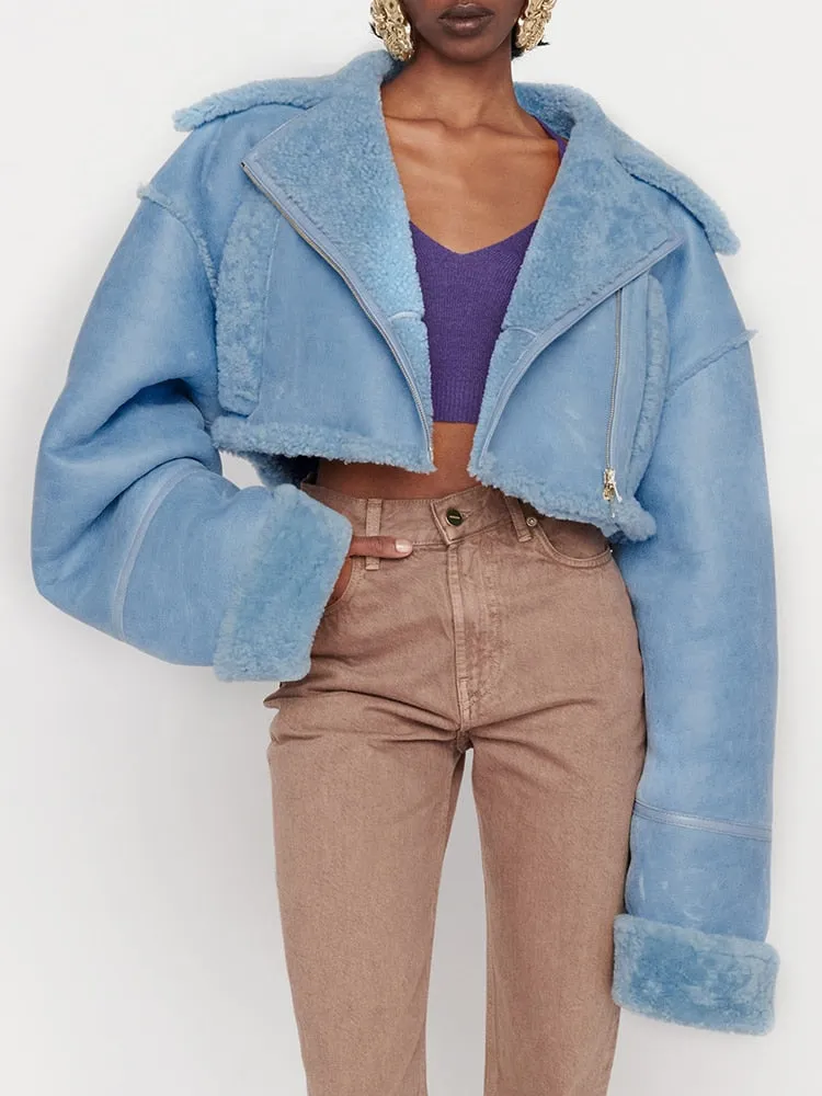 Patchwork PU Leather Colorblock Jacket For Women