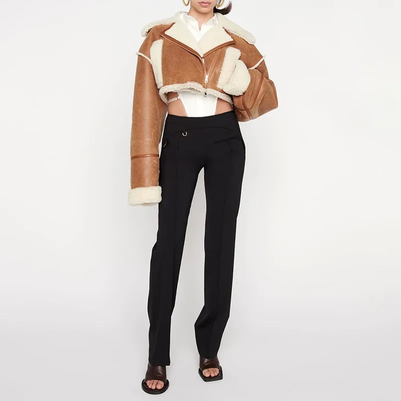 Patchwork PU Leather Colorblock Jacket For Women