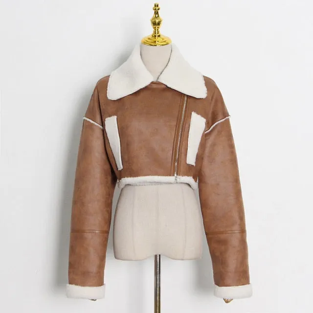 Patchwork PU Leather Colorblock Jacket For Women