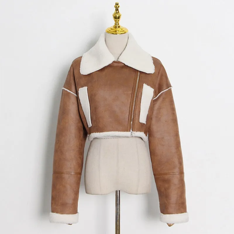 Patchwork PU Leather Colorblock Jacket For Women