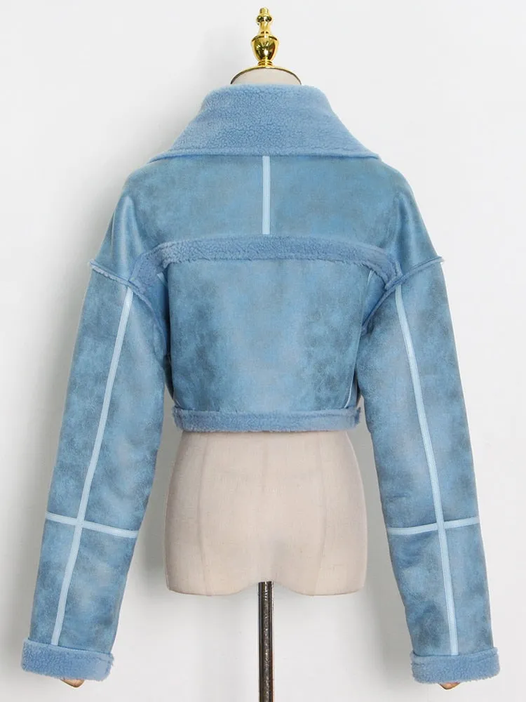Patchwork PU Leather Colorblock Jacket For Women