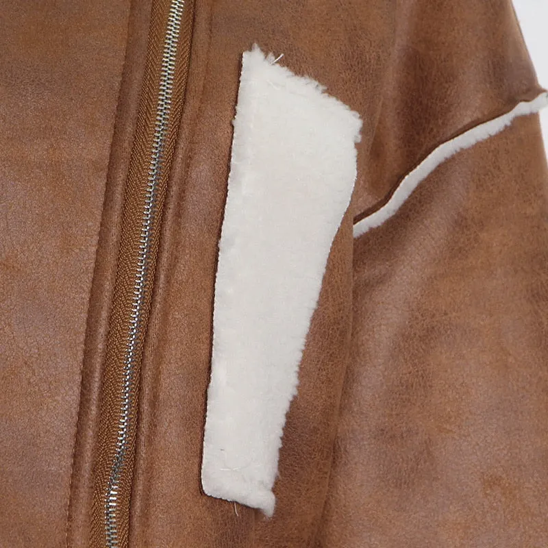 Patchwork PU Leather Colorblock Jacket For Women