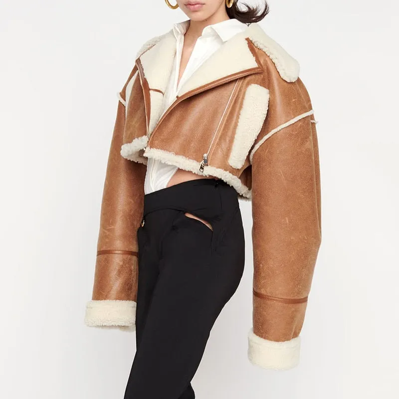 Patchwork PU Leather Colorblock Jacket For Women