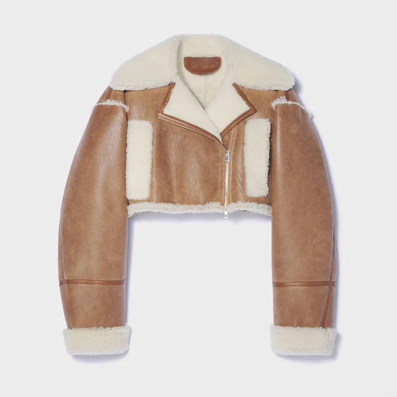 Patchwork PU Leather Colorblock Jacket For Women