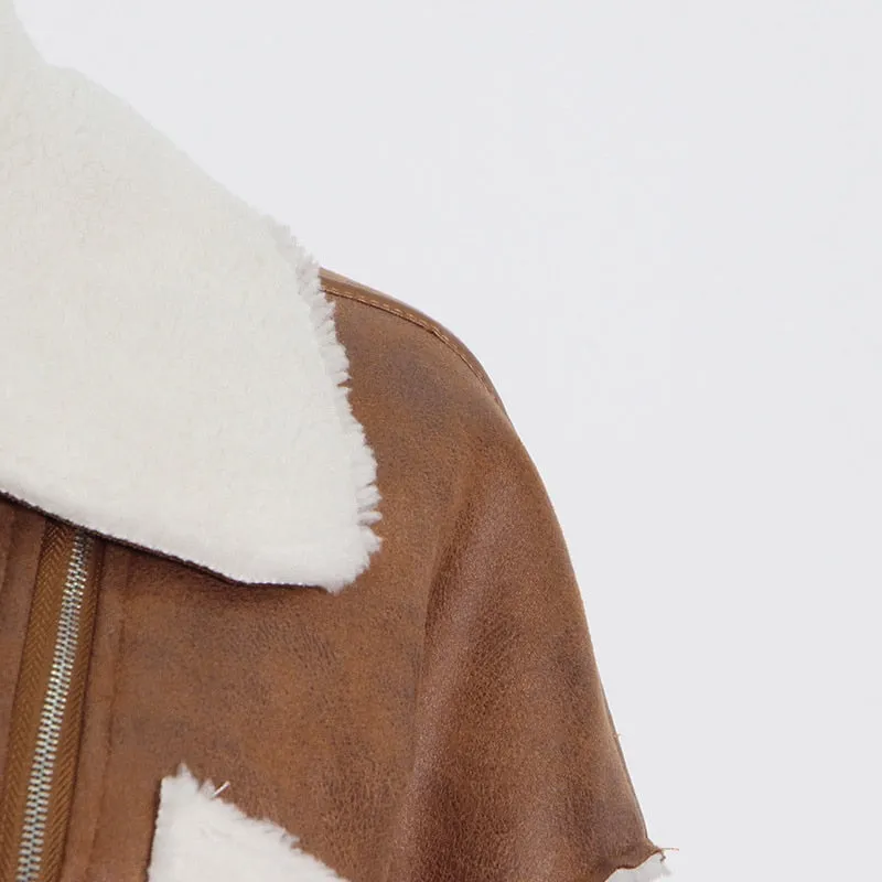 Patchwork PU Leather Colorblock Jacket For Women