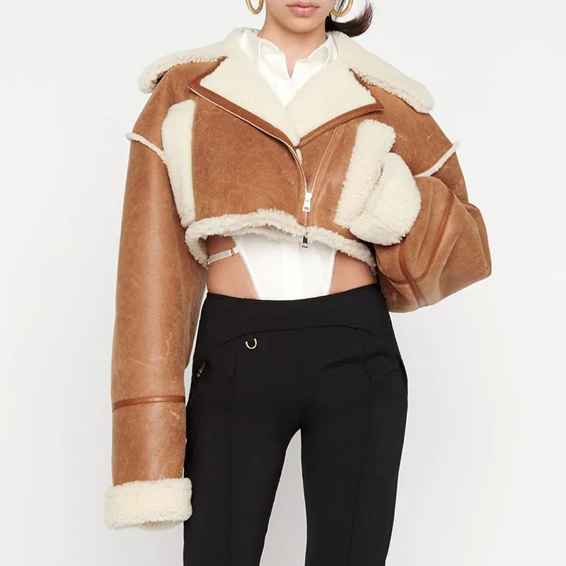 Patchwork PU Leather Colorblock Jacket For Women