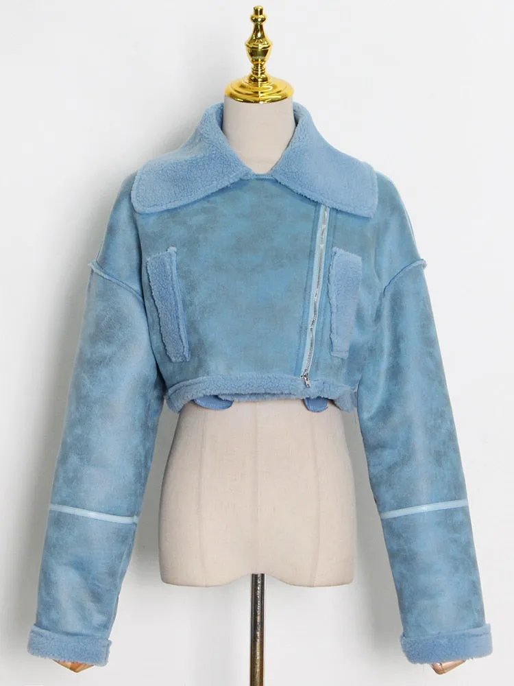 Patchwork PU Leather Colorblock Jacket For Women