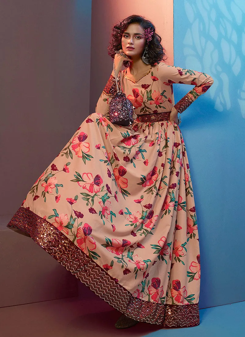 Peach Floral Print And Sequence Embroidered Crape Gown