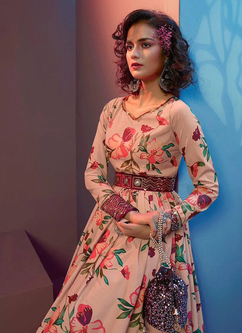 Peach Floral Print And Sequence Embroidered Crape Gown