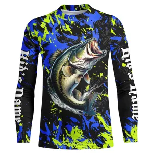 Personalized Largemouth Bass fishing green blue camo long sleeve Fishing Shirts for Kid NQS7099