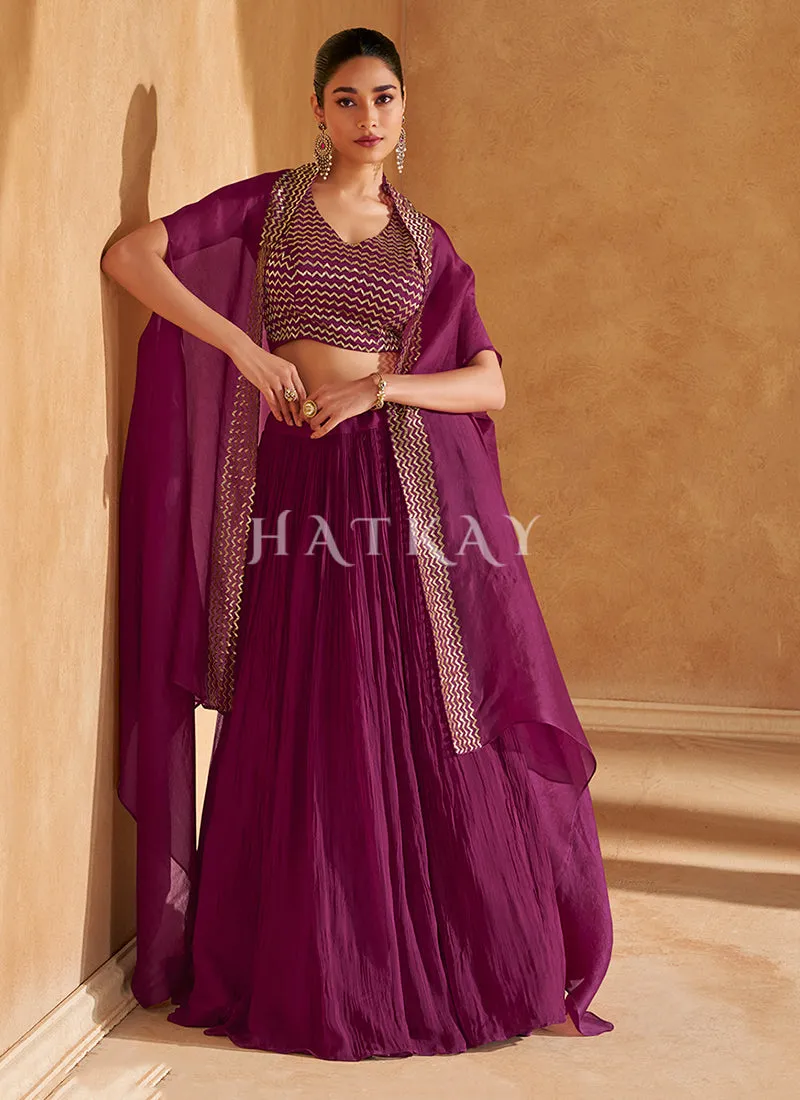 Plum Purple Handwork Cape Style Lehenga Choli
