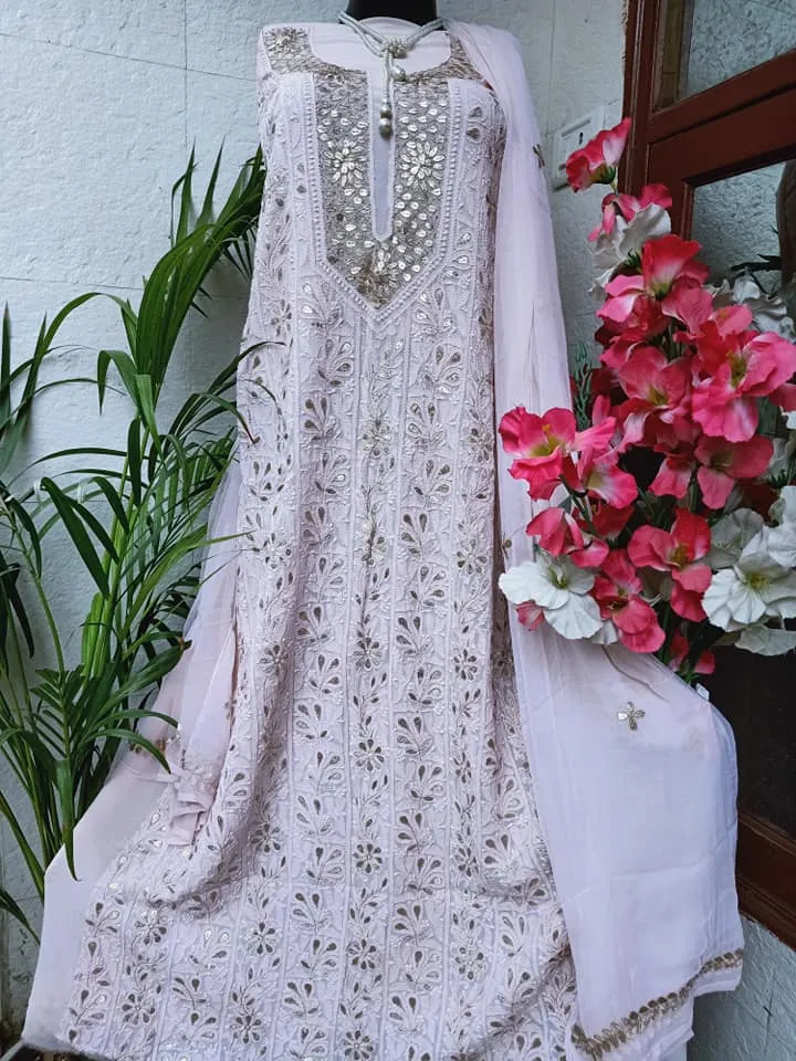 Powder Pink Georgette  Lucknowi Fancy Chikankari Gota Patti Salwar Suit Fabric