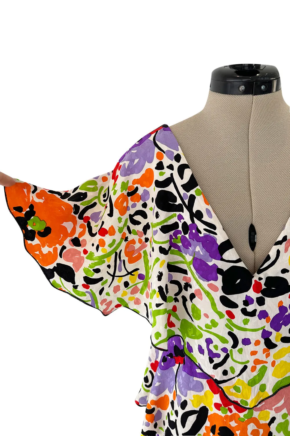 Prettiest 1970s Hollys Harp Bright Printed Silk Tiered V Front & Back Plunge Dress w Layered Tiers