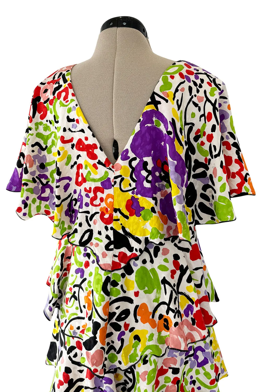 Prettiest 1970s Hollys Harp Bright Printed Silk Tiered V Front & Back Plunge Dress w Layered Tiers