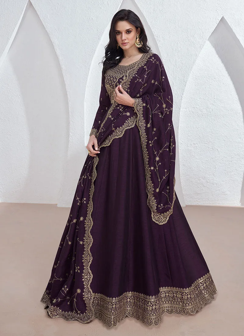Purple Sequence Embroidery Anarkali Gown With Dupatta
