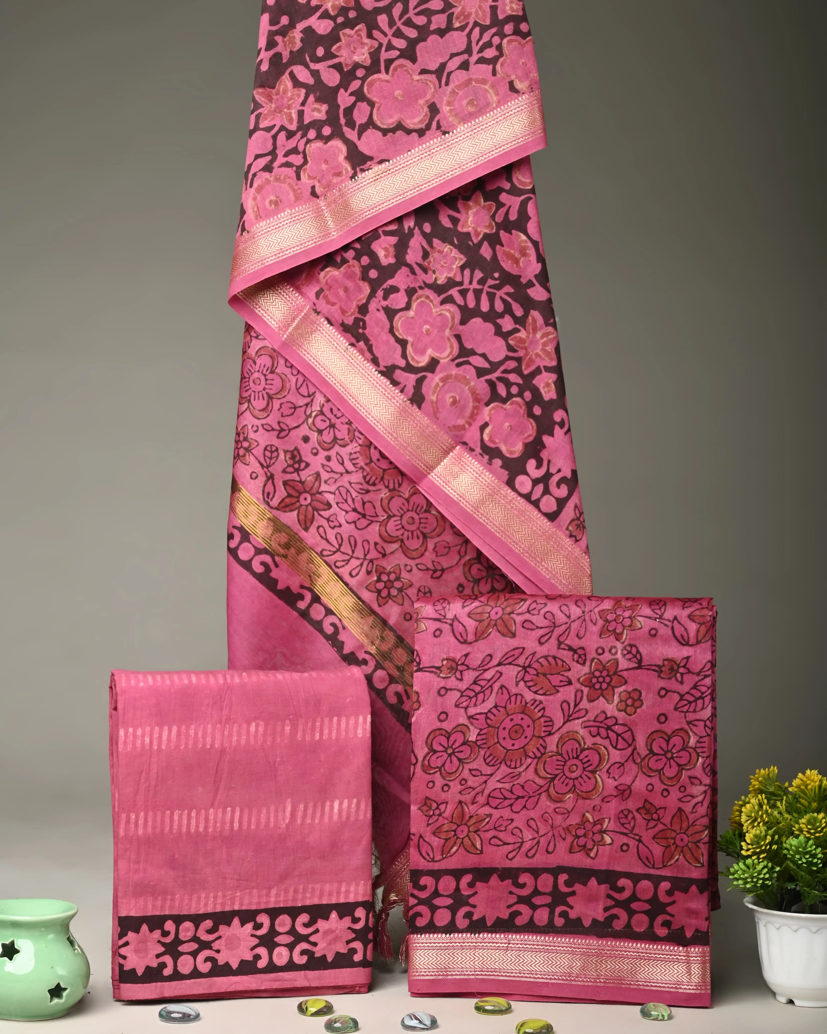Rani Pink Ajrakh Maheshwari Silk Suit Fabric