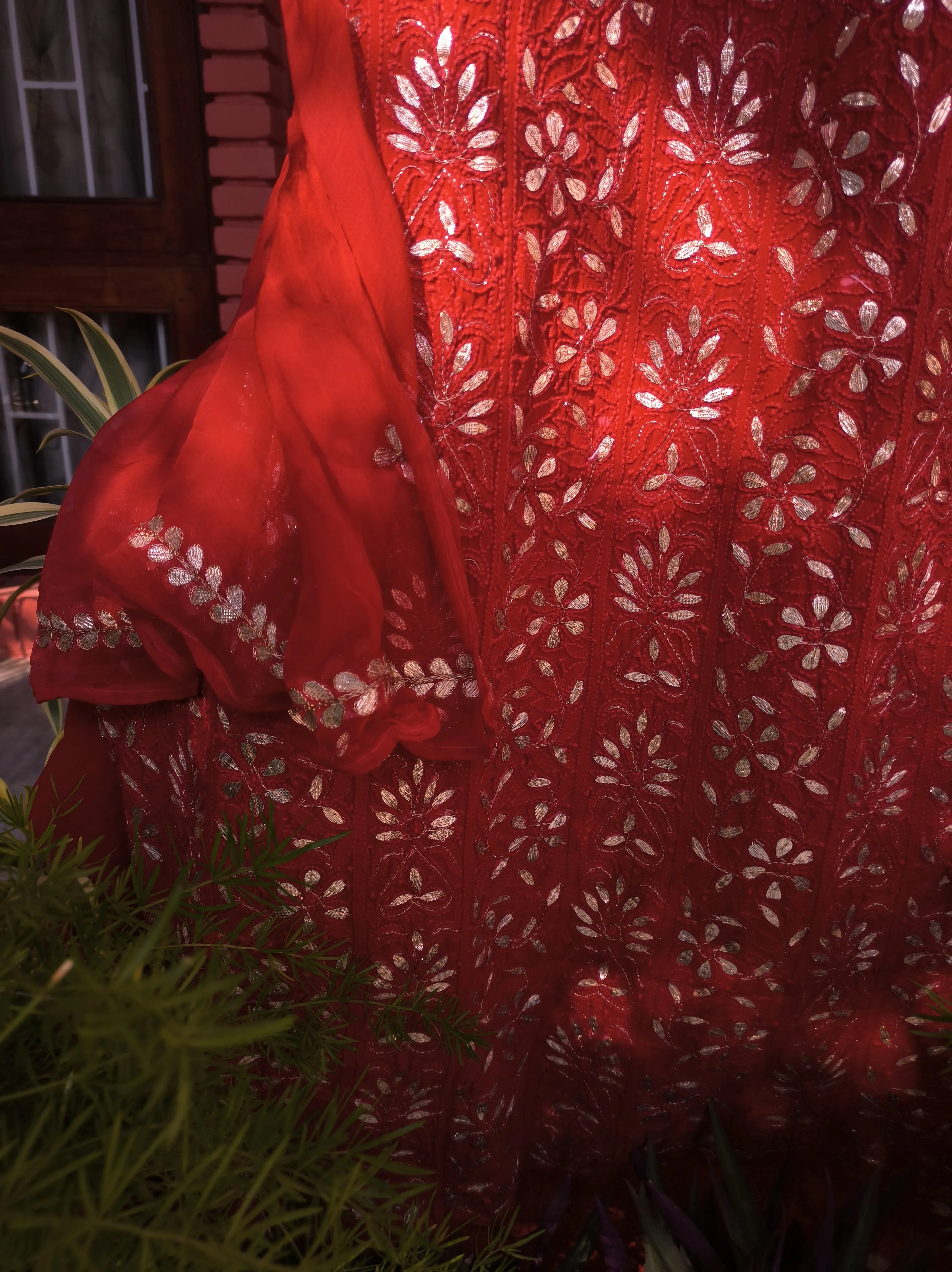 Red Lucknowi Chikankari Gota Patti Salwar Suit(Dress Material)