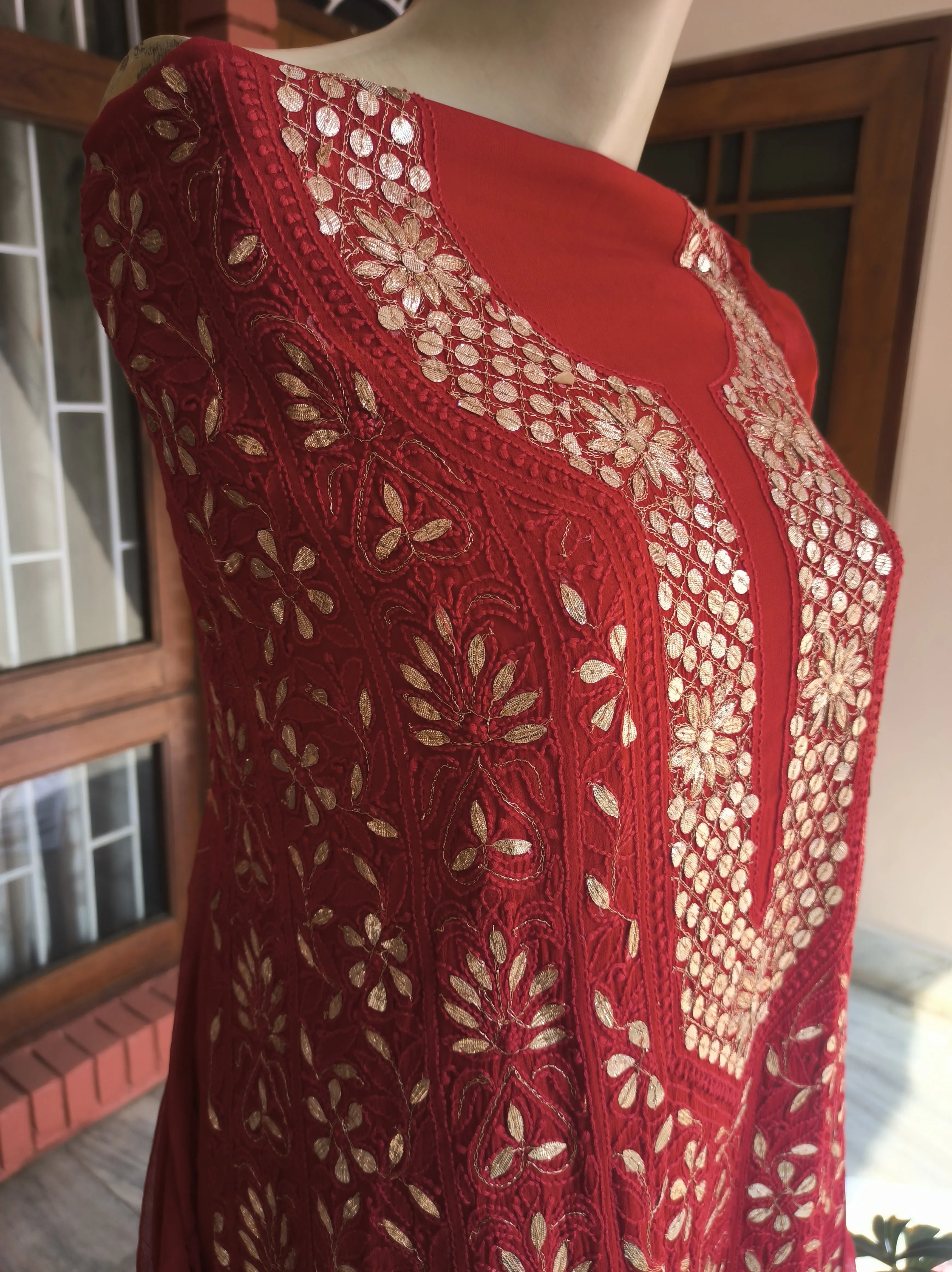 Red Lucknowi Chikankari Gota Patti Salwar Suit(Dress Material)