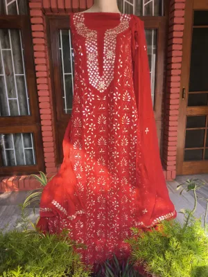 Red Lucknowi Chikankari Gota Patti Salwar Suit(Dress Material)