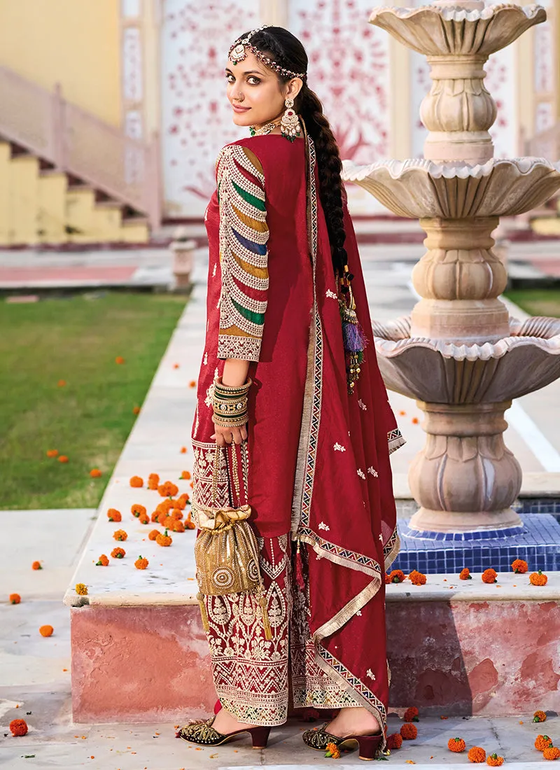 Red Multi Embroidery Traditional Pant Style Suit