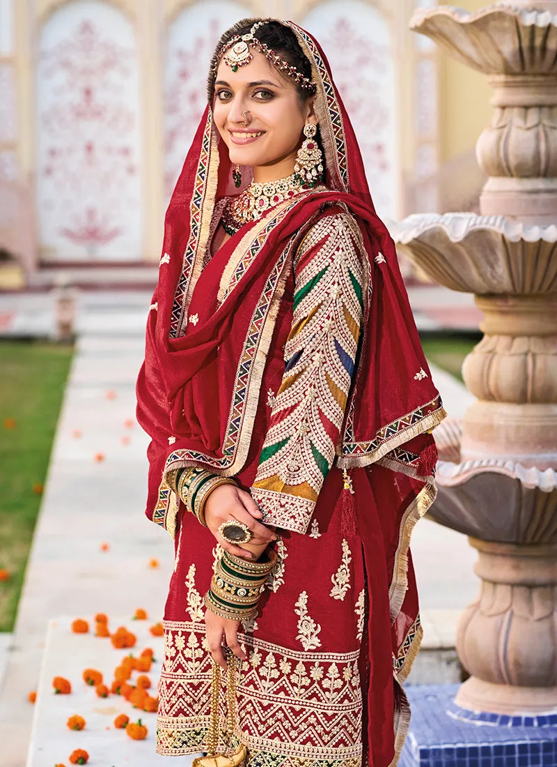 Red Multi Embroidery Traditional Pant Style Suit