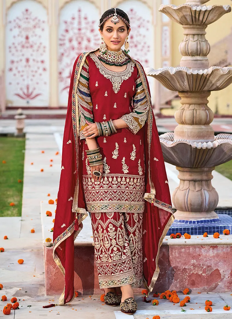 Red Multi Embroidery Traditional Pant Style Suit