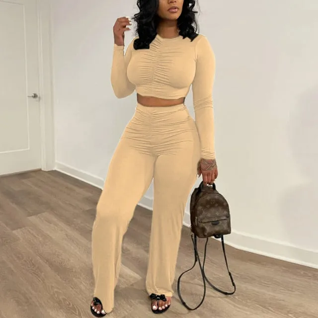 Ruched Long Sleeve Crop Top & Pants Set