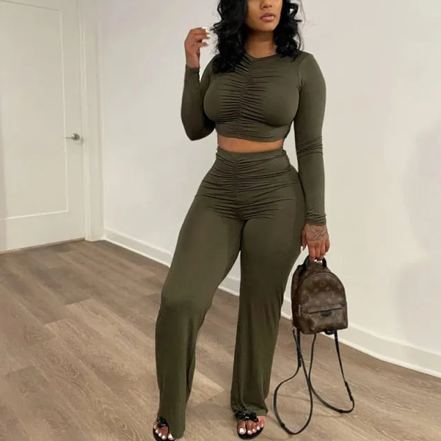 Ruched Long Sleeve Crop Top & Pants Set