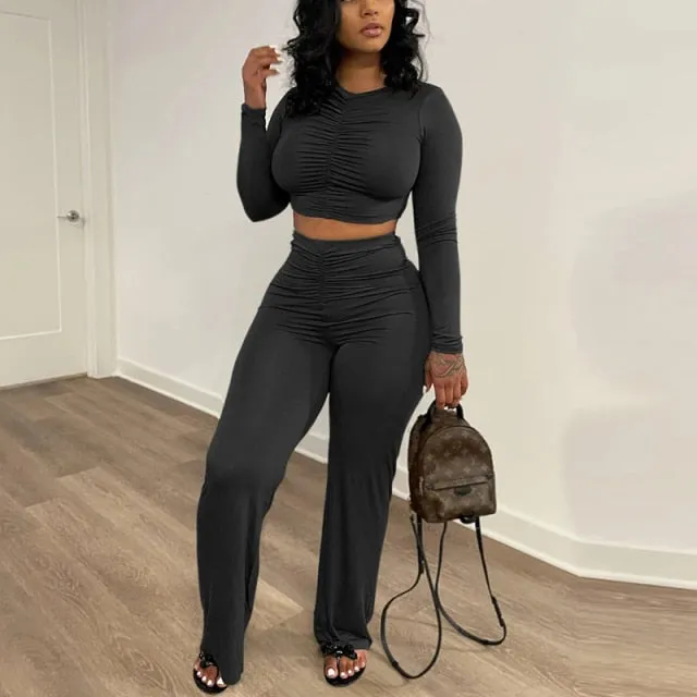 Ruched Long Sleeve Crop Top & Pants Set