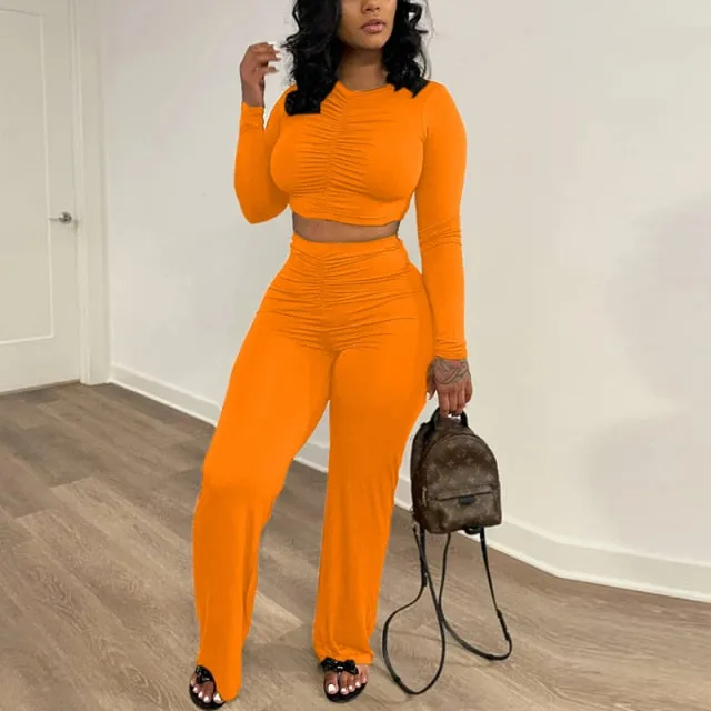 Ruched Long Sleeve Crop Top & Pants Set