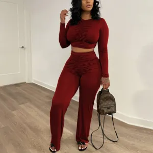 Ruched Long Sleeve Crop Top & Pants Set