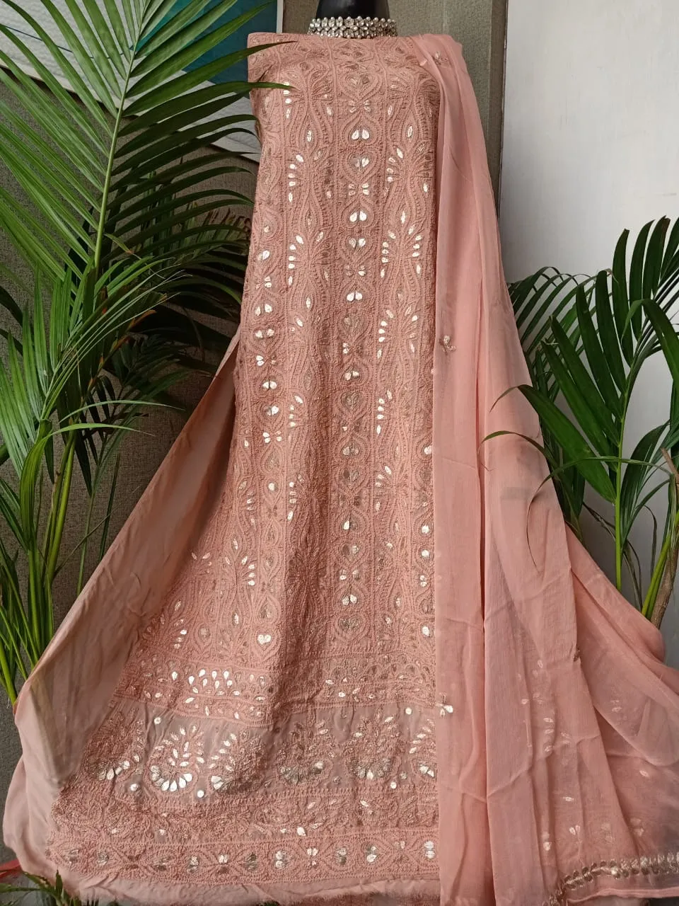 Sandalwood Fancy Chikankari Gota Patti Salwar Suit Material Unstitched