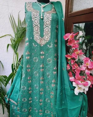 Sea Green Fancy Wear Lakhnawi Chinkari Gota Patti Salwar Suit Fabric