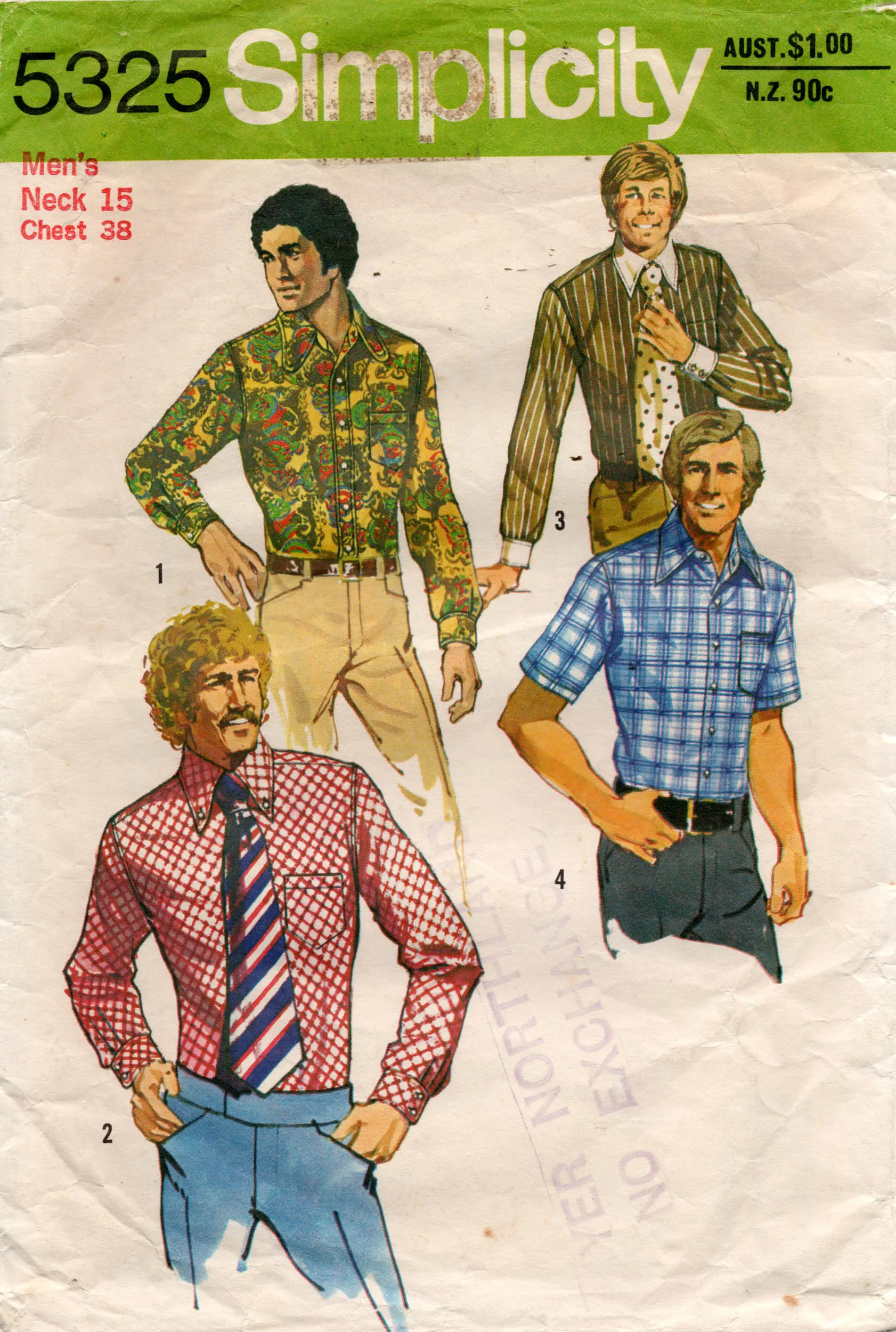 Simplicity 5325 Mens Retro Shirt with Proportioned Long Sleeves 1970s Vintage Sewing Pattern Chest 38 inches