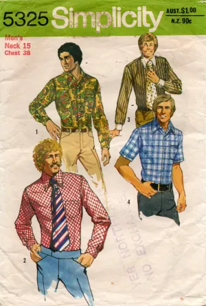 Simplicity 5325 Mens Retro Shirt with Proportioned Long Sleeves 1970s Vintage Sewing Pattern Chest 38 inches