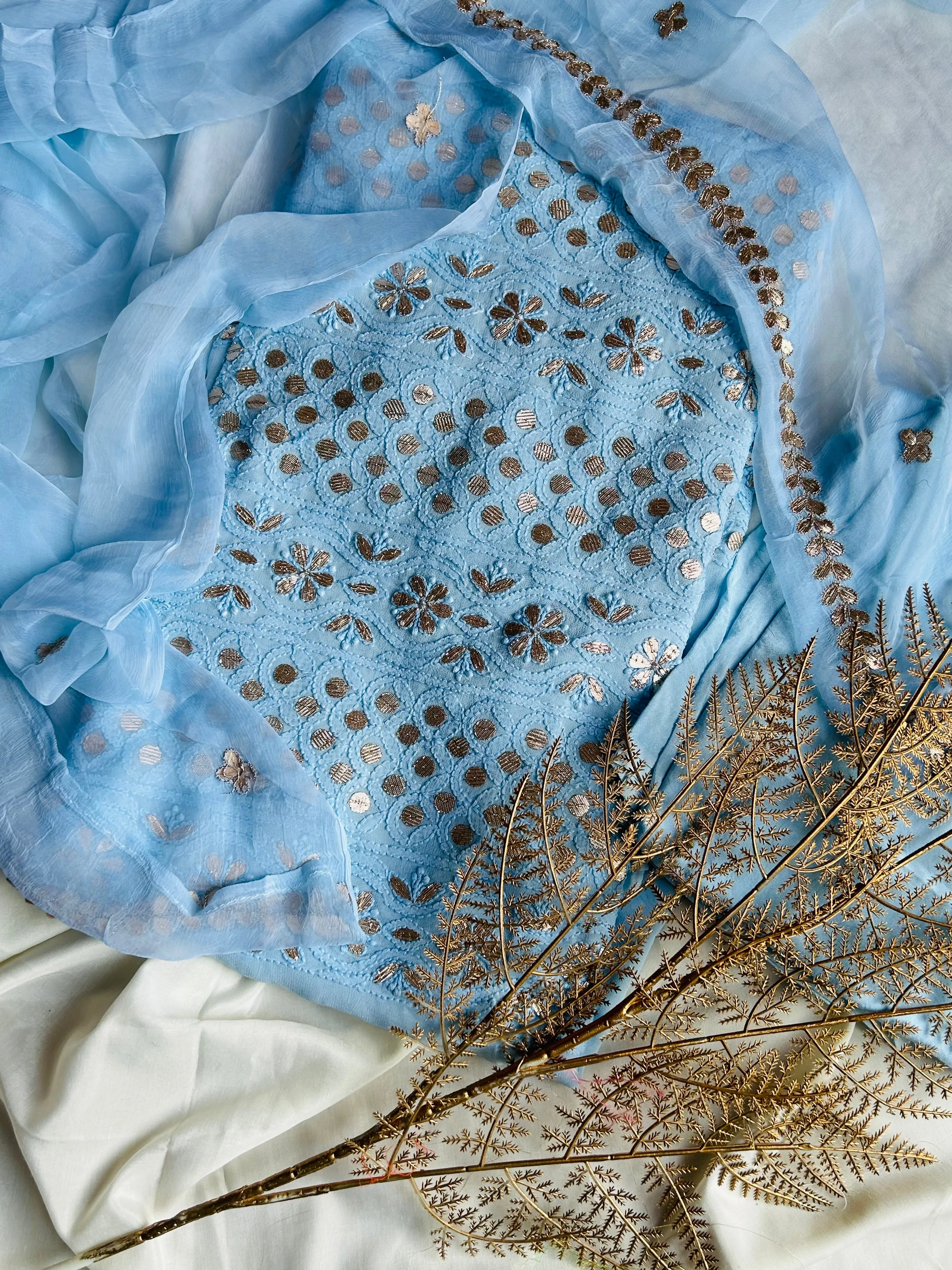 Sky Blue Unique Chikankari Mukaish unstitched Salwar Suit fabric