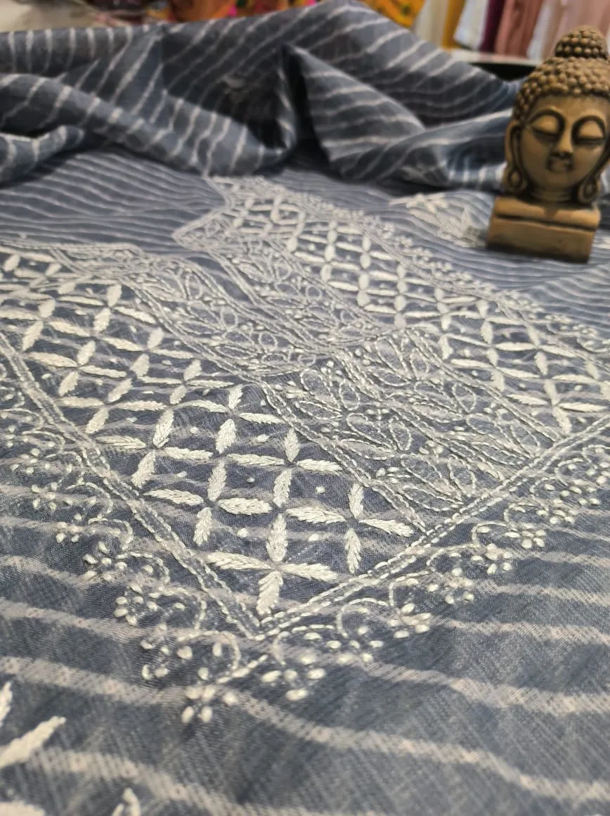 Slate Grey Kota Doria Chikankari Kurti Set unstitched