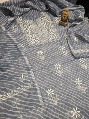 Slate Grey Kota Doria Chikankari Kurti Set unstitched