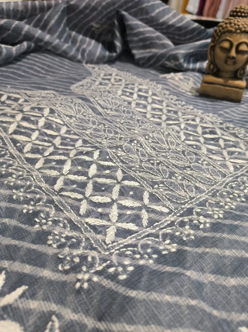 Slate Grey Kota Doria Chikankari Kurti Set unstitched